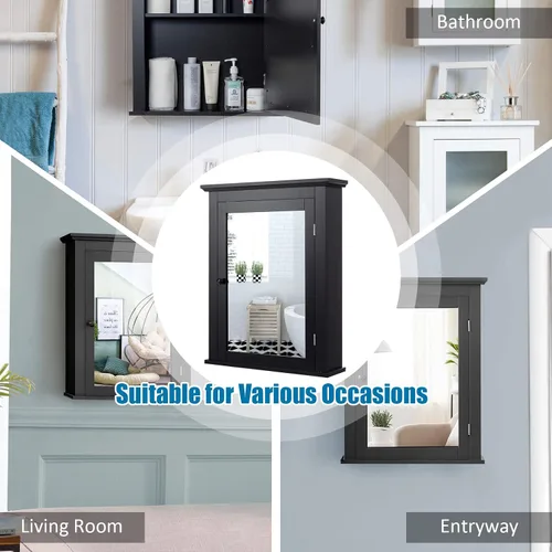 Miniatura 9 de Tangkula Gabinete de baño con espejo, gabinete tipo botiquín con espejo montado en la pared con puerta única y estante ajustable en 5 posiciones
