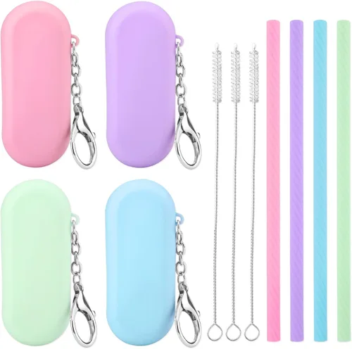 Prasacco 4 juegos de pajitas reutilizables de silicona con estuche, pajitas plegables y portátiles para viajes y fiestas