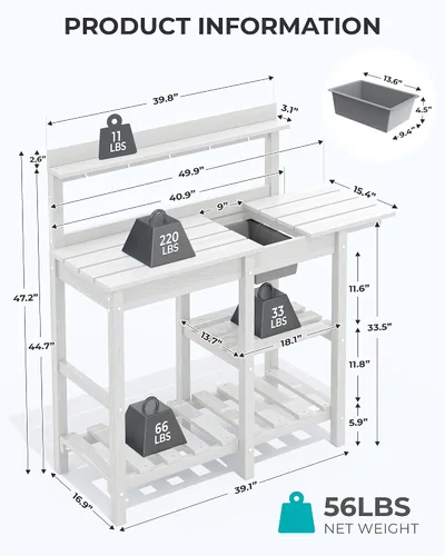 Miniatura 3 de SERWALL Banco de macetas para exteriores con fregadero extraíble, mesa para macetas de polietileno de alta densidad resistente a la putrefacción