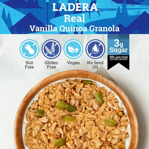 Miniatura 3 de Granola de Quinua con Vainilla Ladera - Cereal de Desayuno Bajo en Azúcar y Sin Nueces, Sin Gluten y Vegano, Ingredientes Honestos, 11 OZ
