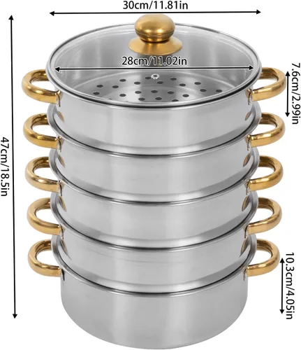 Miniatura 2 de Vaporizador de 11.8 x 18.5 in/11.81 x 18.5 pulgadas, olla de vapor de acero inoxidable de 5 niveles con tapa transparente y asas doradas