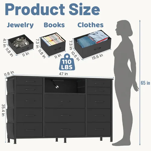 Miniatura 2 de HCHQHS Cómoda de 47 pulgadas para dormitorio con 13 cajones, bolsillos laterales, ganchos y luces con control remoto, pasillo, armario, cocina, Negro