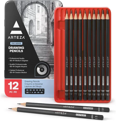 ARTEZA Juego de 12 lápices de dibujo de 6B a 4H, lápices de arte preafilados en lata de metal para bocetos, sombreado, dibujo, mezcla y trabajo de