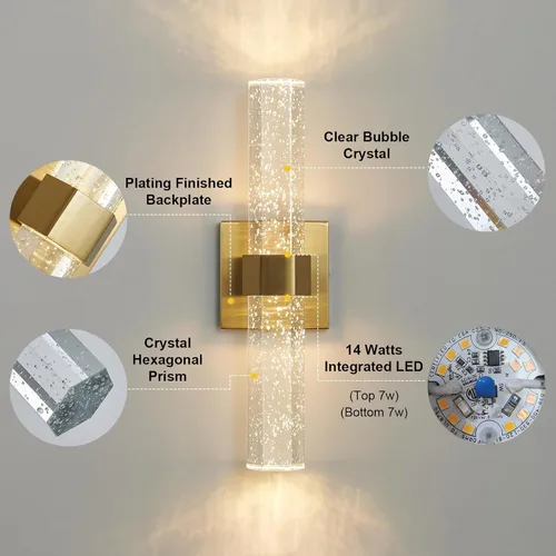 Miniatura 3 de Epinl Juego de dos apliques de pared dorados – Apliques de pared para baño, iluminación de pared LED regulable de 14 W con cristal de burbujas