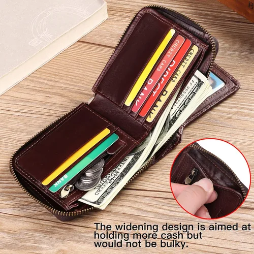 Miniatura 30 de GOIACII Cartera con cremallera para hombre, de piel auténtica, con bloqueo RFID, con cremallera, bolsillo para monedas, para identificación, con Café