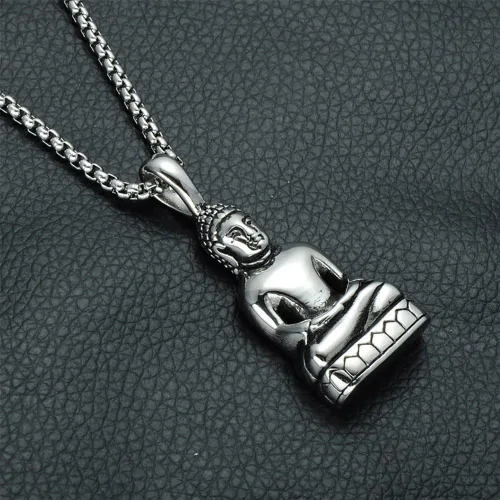 Miniatura 2 de SINLEO Collar con colgante de Buda tibetano de acero inoxidable para hombre, amuleto de Amitabha