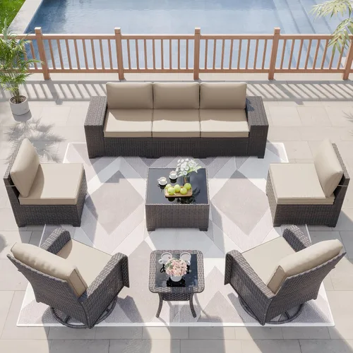 Miniatura 97 de Kurapika juego de muebles de patio 4 piezas de mimbre al aire libre, sillas de ratán, juego informal con mesa de café, juego de bistró con mecedora