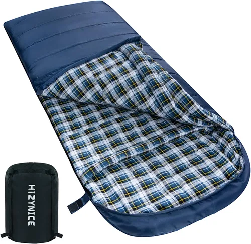 HiZYNICE - Saco de dormir para clima frío 100% franela de algodón XXL para adultos grandes y altos, con bolsa de compresión gratis 20F azul