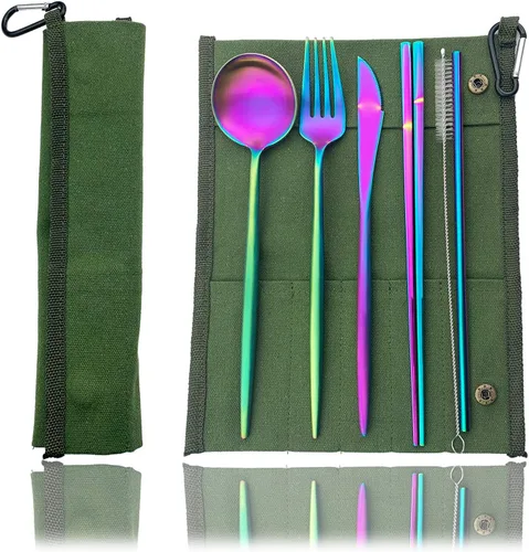 Miniatura 5 de JASHII El juego de cubiertos de viaje incluye cuchillo reutilizable, tenedor, cuchara, palillos, pajilla, utensilios ecológicos, utensilios de Azul