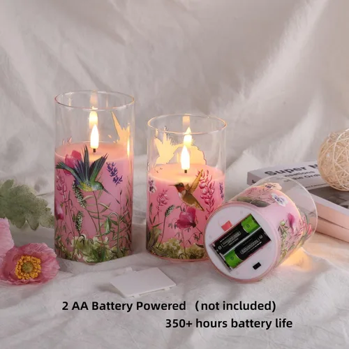 Miniatura 3 de Eywamage Velas de cristal sin llama de colibrí rosa con control remoto, velas LED parpadeantes de pilar de batería, juego de 3, decoración