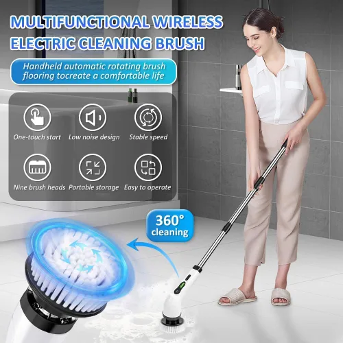 Miniatura 2 de Limpiador eléctrico giratorio de ducha, cepillo de limpieza con mango largo, cepillo de limpieza eléctrico con 9 cabezales reemplazables, para baño