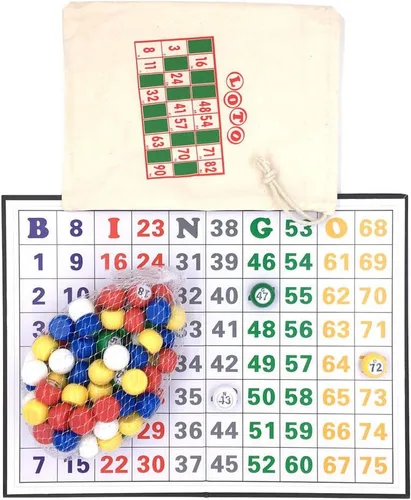 Tapp Collections Juego de bolas de bingo de plástico multicolor, bolas con superficie plana + tablero de ajedrez plegable + bolsa de lona con cordón