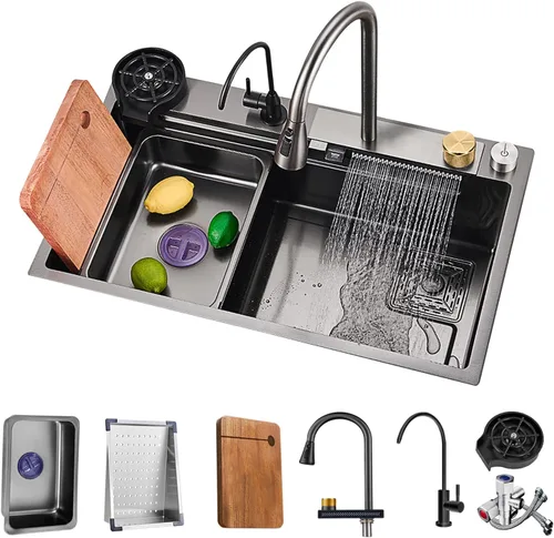 Fregadero de cocina tipo cascada, fregadero de barra de acero inoxidable de un solo tazón negro, montaje inferior de la instalación de encimera con