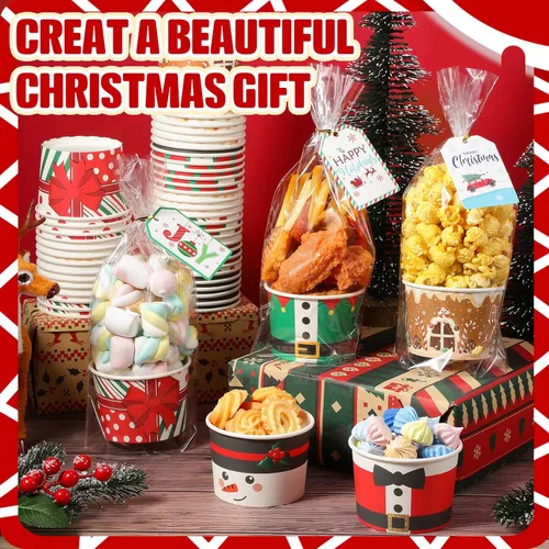 Miniatura 4 de Layhit Juego de cestas de regalo de Navidad, 50 tazas vacías para aperitivos de Navidad, 50 bolsas de celofán transparente, 50 etiquetas de regalo
