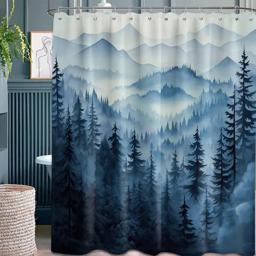 Cortina de ducha azul marino de bosque Cortina de ducha azul oscuro de montaña y naturaleza para decoración de baño de hombres, tela impermeable con