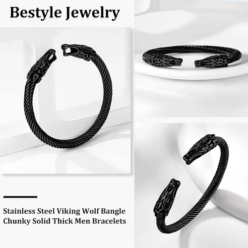 Miniatura 2 de Bestyle Brazalete vikingo de acero inoxidable pesado para hombres y niños, pulsera ajustable abierta de cuervoloboruna, vintage, retro, joyería