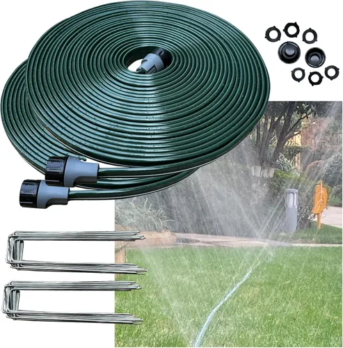 Watoo Manguera de riego y manguera de remojo para patio, manguera de jardín plana reforzada de 100 pies con agujeros, manguera de riego de césped