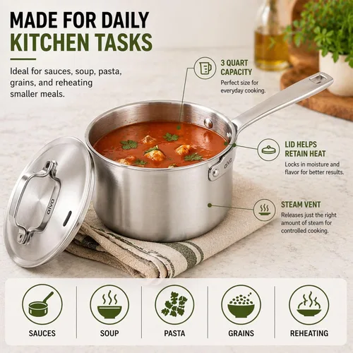 Miniatura 6 de Alva Maestro - Cacerola de acero inoxidable recubierta de 5 capas con tapa, olla pequeña de 1.5 cuartos de galón, compatible con inducción, apta