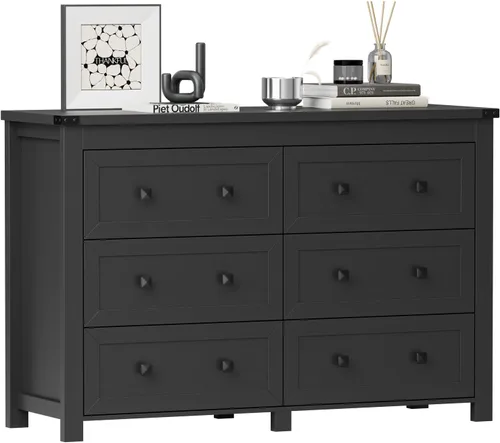 Miniatura 7 de Wodeer - Cómoda moderna, 6 cajones, negro, asas de metal, almacenamiento de clóset, organizador