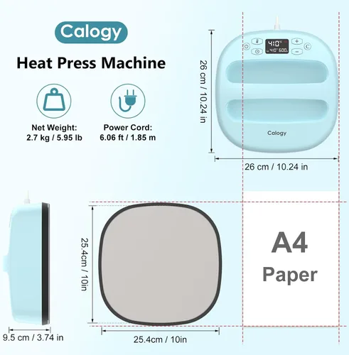 Miniatura 2 de Calogy Máquina de prensa de calor para camisetas de 10 x 10 pulgadas, prensa de calor portátil rápida hasta 410 °F (210 ºC), control preciso de Azul