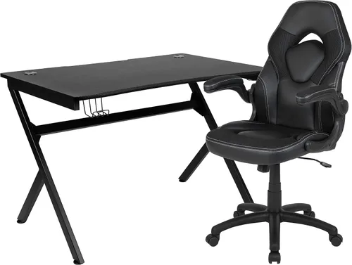 Miniatura 12 de Flash Furniture Juego de escritorio para juegos negro y silla de carreras blanco/negro con soporte para tazas, gancho para auriculares y soporte