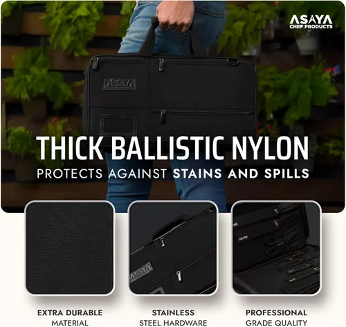 Miniatura 3 de Asaya Bolsa para Cuchillos de Chef - 28 Bolsillos para Cuchillos y Utensilios de Cocina - Nylon Balístico Duradero, Herrajes de Acero Inoxidable