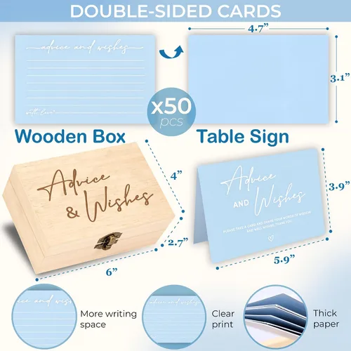 Miniatura 2 de WOODAMORE Caja de tarjetas de consejos y deseos – 50 tarjetas azules de consejos de boda para despedida de soltera, tarjetas de consejos de baby
