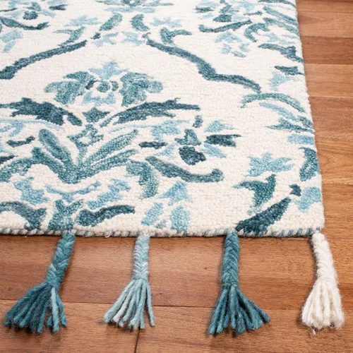 Miniatura 4 de SAFAVIEH Suzani Collection SZN205A - Alfombra de pasillo de lana con borlas de 2 pies 3 pulgadas x 8 pies, color marfil y turquesa