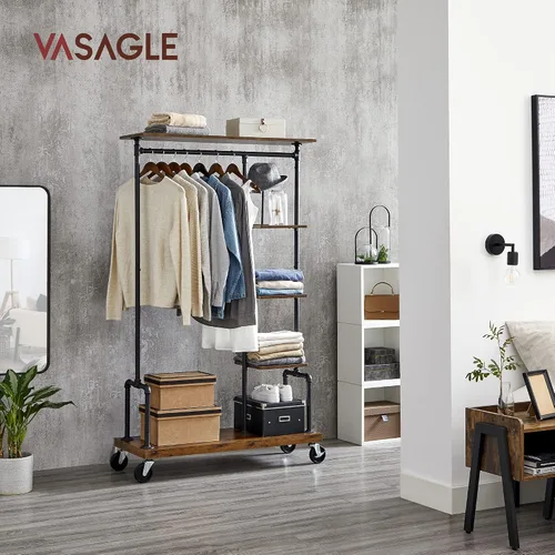 Miniatura 2 de VASAGLE UHSR66BX - Perchero para ropa con ruedas, organizador de ropa portátil con 5 niveles, estilo de tubería industrial, marrón rústico