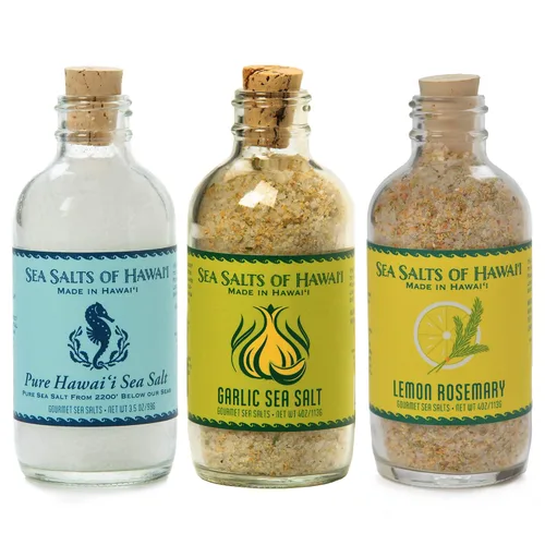 Sea Salts of Hawaii Paquete de 3 variedades, sal hawaiana pura de Kona, sal de ajo asado, sal marina hawaiana con sabor a limón y romero