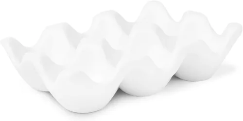 Miniatura 32 de Flexzion Organizador de huevos cerámico para nevera - Bandeja de huevos de 6 tazas, contenedor de porcelana para media docena, organizador de Gris