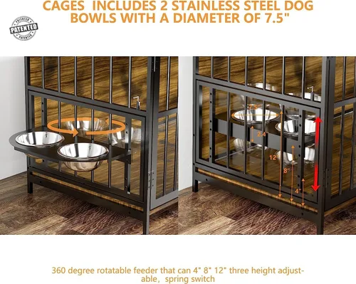 Miniatura 3 de ROOMTEC Furniture Style - Jaula grande para perros con comedero elevado ajustable de 360° para perros, 2 cuencos de acero inoxidable, cojín