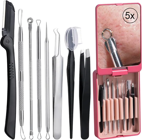 JPNK Herramienta removedor de puntos negros, kit de eliminación de acné y kit de recortador de cejas, 8 piezas en uno con espejo de aumento 5X