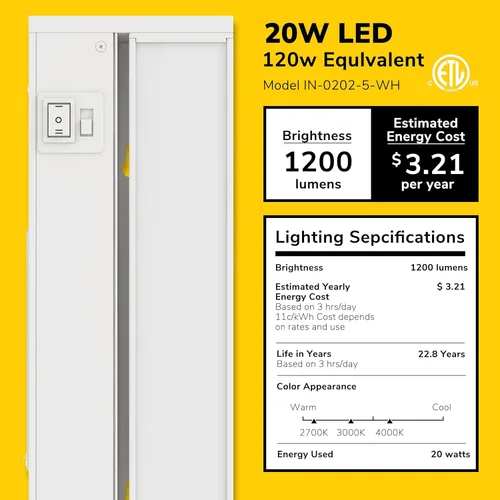 Miniatura 2 de GetInLight luz LED para parte inferior de gabinete, giratoria, de 3 niveles de color, para atenuador, con cables y enchufe, blanco cálido de 2,700