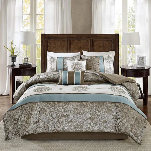 Miniatura 8 de Madison Park Edredón de seda sintética, diseño tradicional de jacquard lujoso para todas las estaciones, falda de cama a juego, almohadas