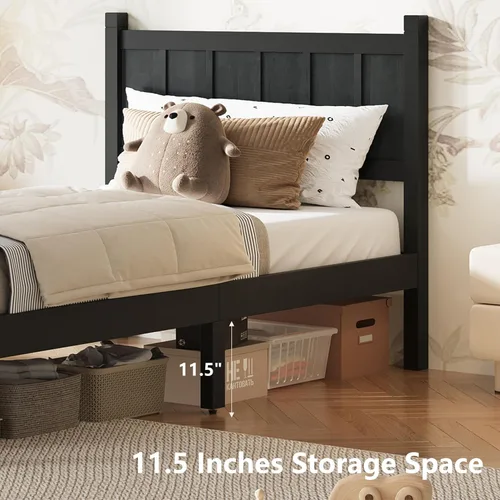 Miniatura 5 de Bellemave Cama de panel plano de tamaño individual con cabecero y estribo, cama de plataforma minimalista y moderna con acabado de grano de madera