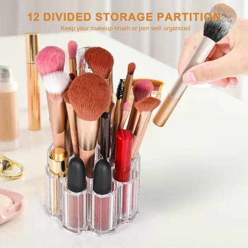 Miniatura 2 de Organizador de brochas de maquillaje dividido, 12 ranuras profundas, soporte para brochas cosméticas de acrílico transparente y almacenamiento