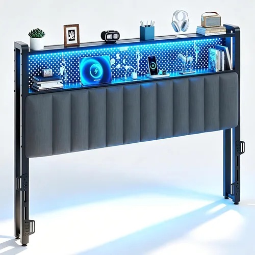 Miniatura 20 de VINGLI Cabecera LED Queen con 3 estantes de almacenamiento y estación de carga, moderna cabecera tapizada con luces RGB, puertos USB y toma de Lino