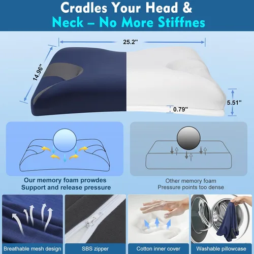 Miniatura 6 de Almohada CPAP para personas que duermen de lado y espalda – Almohada cervical ajustable de espuma viscoelástica para apoyo del cuello y un mejor