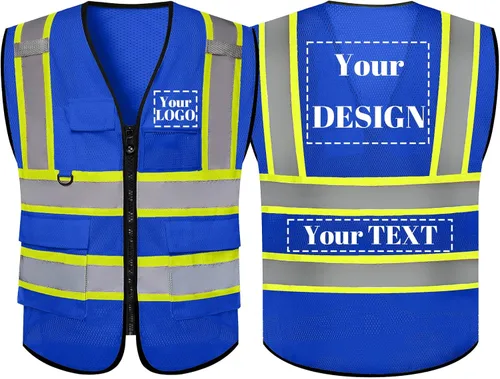 Miniatura 21 de Chaleco de seguridad de malla personalizado con LOGOTIPO Chaleco reflectante de alta visibilidad con 5 bolsillos y cremallera Azul personalizado