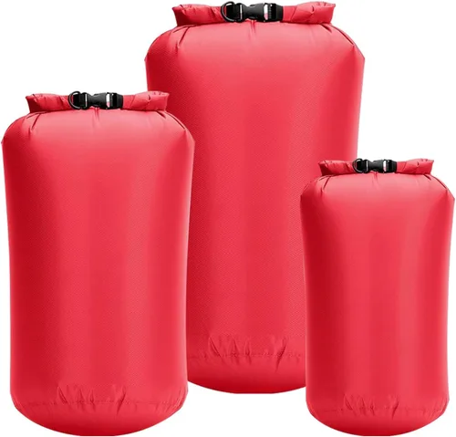 Bolsas secas impermeables, paquete de 3 (5 L, 10 L, 20 litros), bolsas de almacenamiento ligeras e impermeables para viajes, canotaje, pesca, Rojo