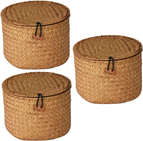 NOLITOY Caja de almacenamiento de 3 piezas con tapa, estante redondo, bandeja para verduras con tapa, decoración de mano, cestas de almacenamiento