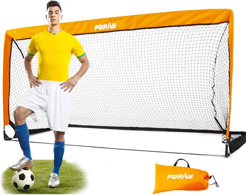 Portería de fútbol portátil de Poray con red emergente para niños y adultos con tela Oxford de 210D y estacas extra, regalo de cumpleaños y Naranja
