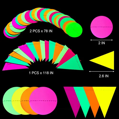 Miniatura 2 de 88 piezas de suministros de fiesta de neón brillante, incluyendo guirnalda de papel de neón, 20 piezas de borlas de papel y banderas triangulares