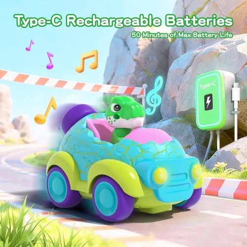 Miniatura 2 de Auto a control remoto para niños pequeños, juguetes de dinosaurio para edades de 2 a 4 años con luces y música, auto RC recargable, regalos