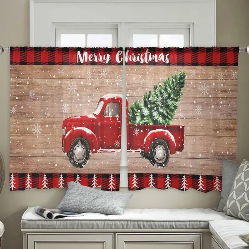 Miniatura 4 de Cortinas traslúcidas para camión rojo de Navidad de 45 pulgadas de largo, juego de 2 paneles de tablero de madera retro rústico con cuadros