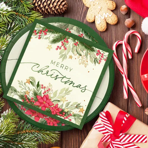 Miniatura 5 de Whaline Juego de 24 platos de papel de acebo de Navidad, tazas, servilletas, decoraciones de fiesta, nochebuena, muérdago, platos desechables, juego