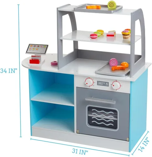 Miniatura 9 de Juego de madera para panadería, soporte de simulación para niños, 25 piezas para pastelería, mostrador de café con alimentos, donas, pasteles