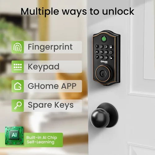 Miniatura 2 de GHome Smart Cerrojo de Seguridad, Cerradura de Puerta sin Llave con Código de Huella Dactilar para Puerta Delantera, Bloqueo Automático, Control por