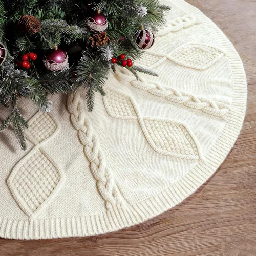Falda de árbol de Navidad de 48 pulgadas: Falda de árbol de punto de cable trenzado en diamante para árbol de 7.5 pies, falda de árbol blanco crema,